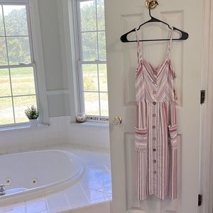 Strappy midi button down dress. Striped pattern dark teal, reds, pinks. Pockets